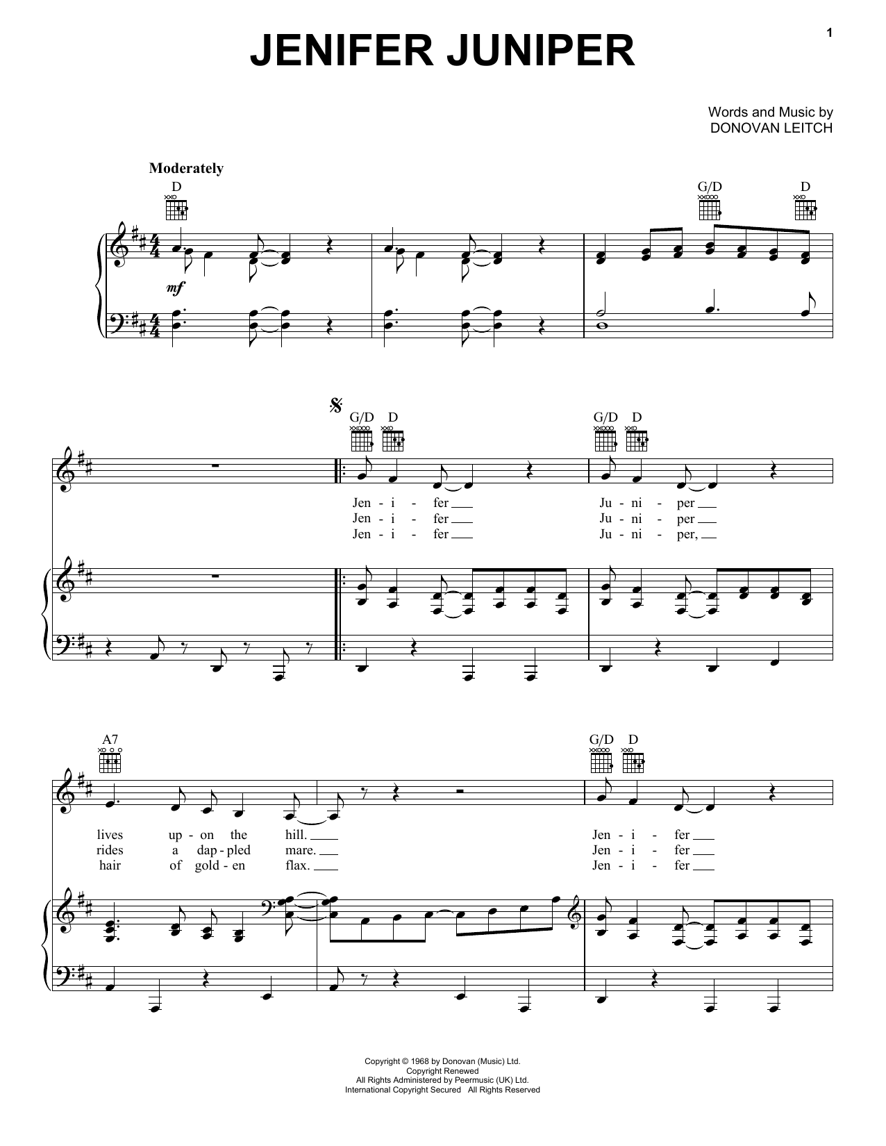 Download Donovan Jenifer Juniper Sheet Music and learn how to play Piano, Vocal & Guitar Chords (Right-Hand Melody) PDF digital score in minutes