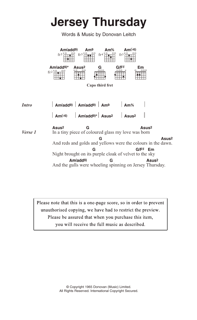 Download Donovan Jersey Thursday Sheet Music and learn how to play Lyrics & Chords PDF digital score in minutes