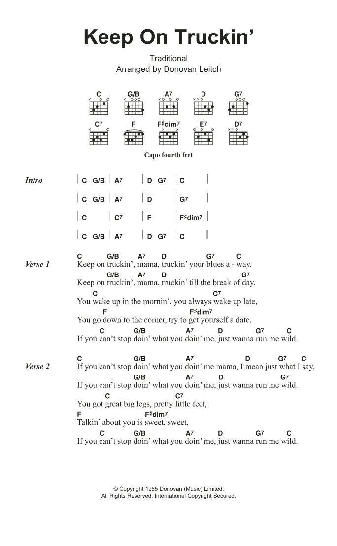 Download Donovan Keep On Truckin' Sheet Music and learn how to play Lyrics & Chords PDF digital score in minutes