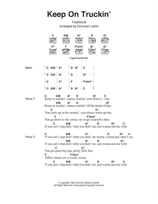 Download Donovan Keep On Truckin' Sheet Music and learn how to play Lyrics & Chords PDF digital score in minutes