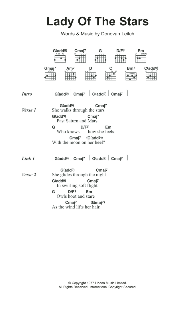 Download Donovan Lady Of The Stars Sheet Music and learn how to play Lyrics & Chords PDF digital score in minutes