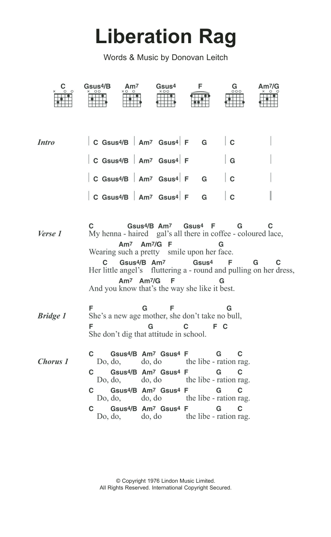 Download Donovan Liberation Rag Sheet Music and learn how to play Lyrics & Chords PDF digital score in minutes