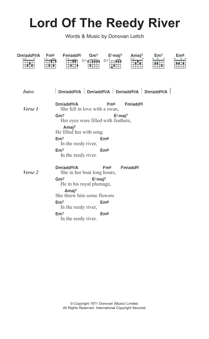 Download Donovan Lord Of The Reedy River Sheet Music and learn how to play Lyrics & Chords PDF digital score in minutes