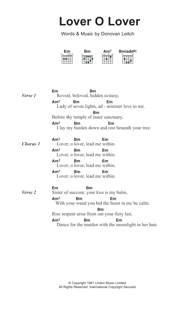 Download Donovan Lover O Lover Sheet Music and learn how to play Lyrics & Chords PDF digital score in minutes