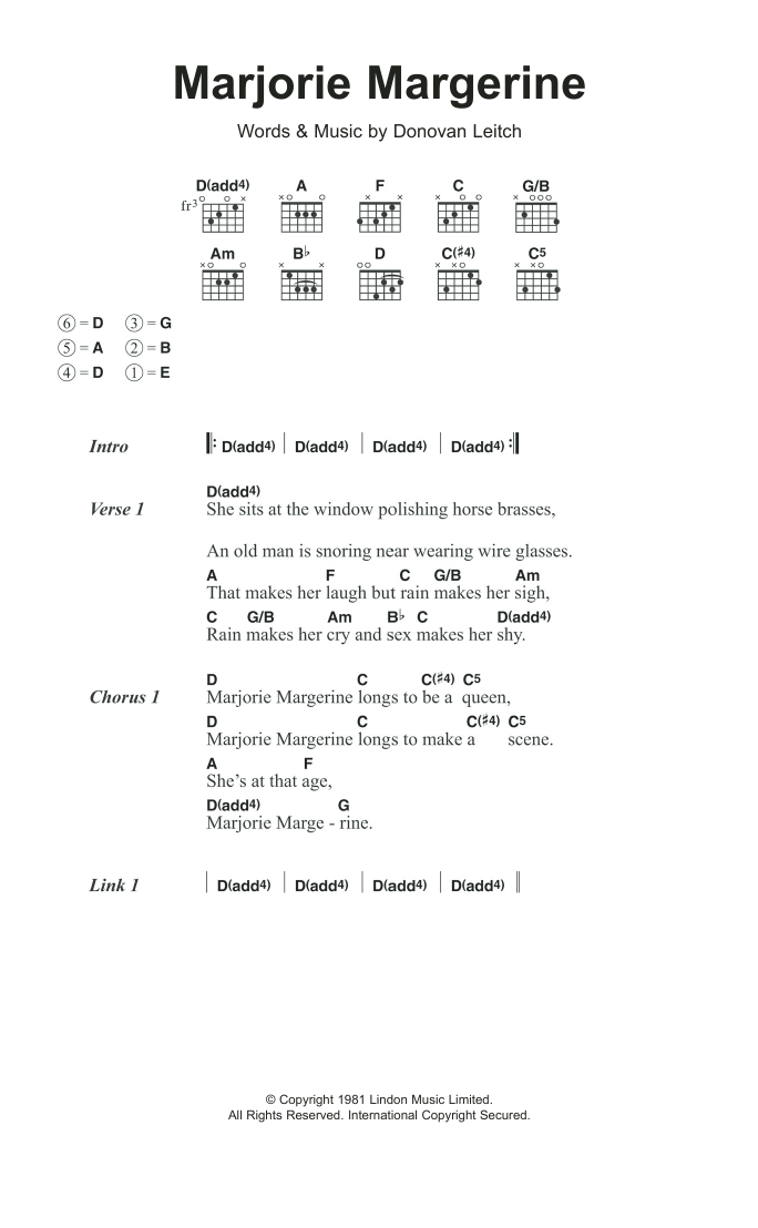 Download Donovan Marjorie Margerine Sheet Music and learn how to play Lyrics & Chords PDF digital score in minutes