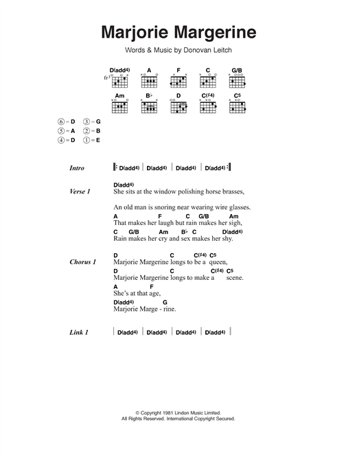 Download Donovan Marjorie Margerine Sheet Music and learn how to play Lyrics & Chords PDF digital score in minutes
