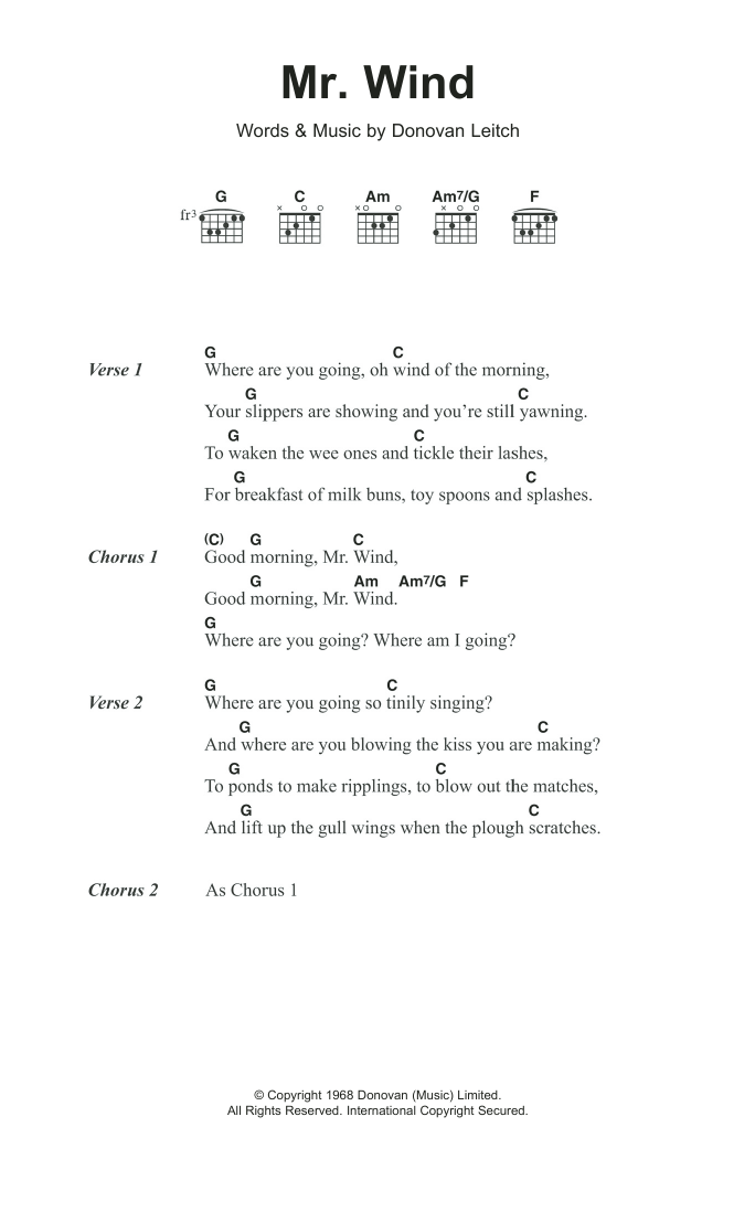 Download Donovan Mr. Wind Sheet Music and learn how to play Lyrics & Chords PDF digital score in minutes