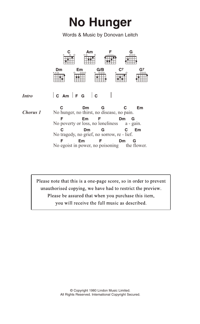 Download Donovan No Hunger Sheet Music and learn how to play Lyrics & Chords PDF digital score in minutes