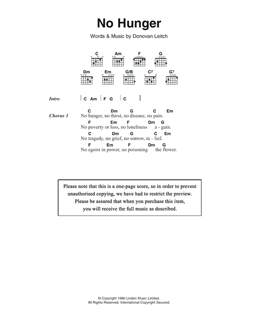 Download Donovan No Hunger Sheet Music and learn how to play Lyrics & Chords PDF digital score in minutes