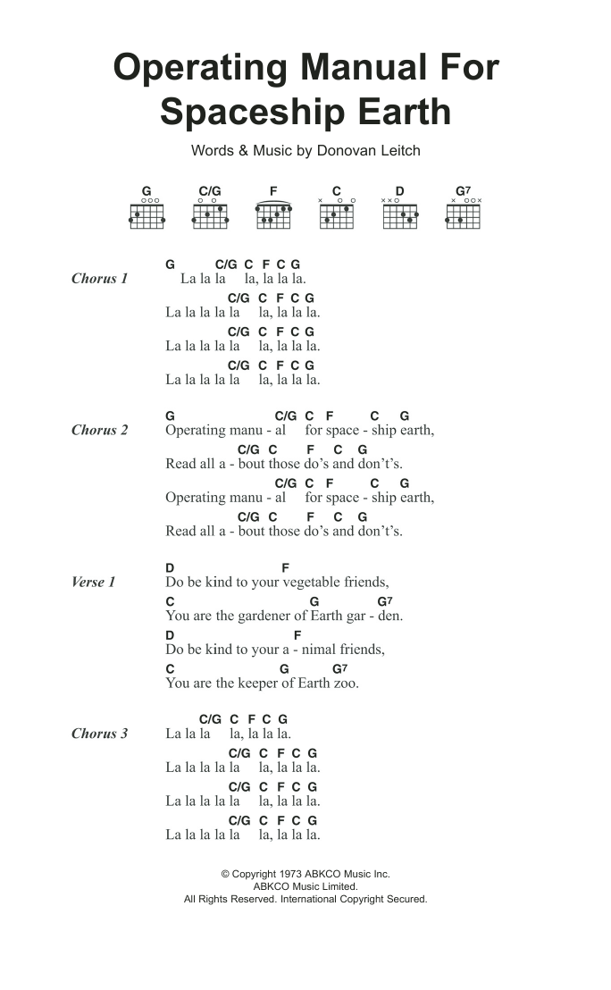 Download Donovan Operating Manual For Spaceship Earth Sheet Music and learn how to play Lyrics & Chords PDF digital score in minutes
