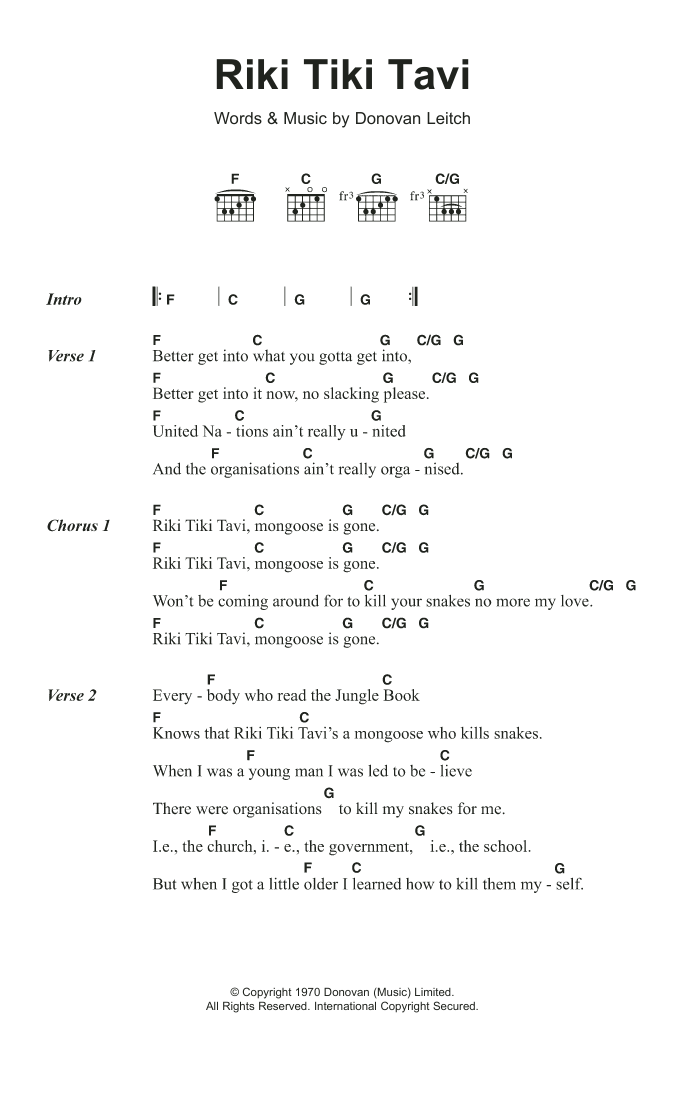 Download Donovan Riki Tiki Tavi Sheet Music and learn how to play Lyrics & Chords PDF digital score in minutes