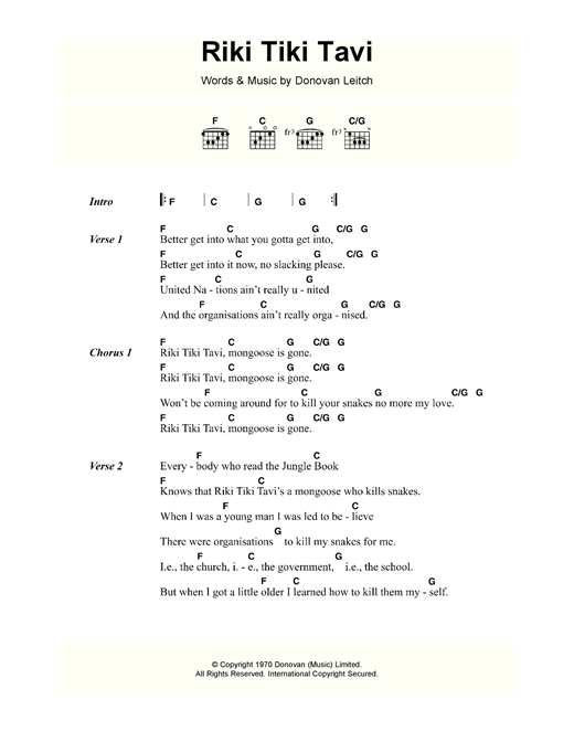 Download Donovan Riki Tiki Tavi Sheet Music and learn how to play Lyrics & Chords PDF digital score in minutes