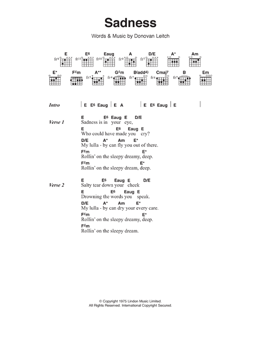 Download Donovan Sadness Sheet Music and learn how to play Lyrics & Chords PDF digital score in minutes