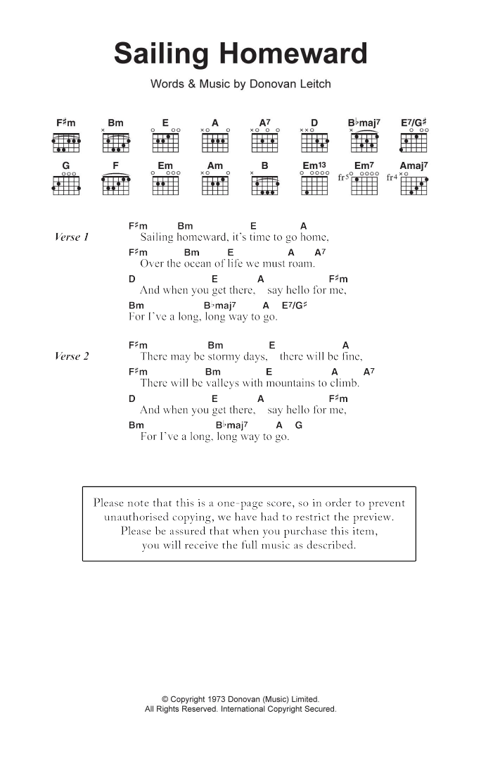 Download Donovan Sailing Homeward Sheet Music and learn how to play Lyrics & Chords PDF digital score in minutes