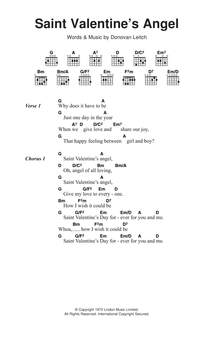 Download Donovan Saint Valentine's Angel Sheet Music and learn how to play Lyrics & Chords PDF digital score in minutes