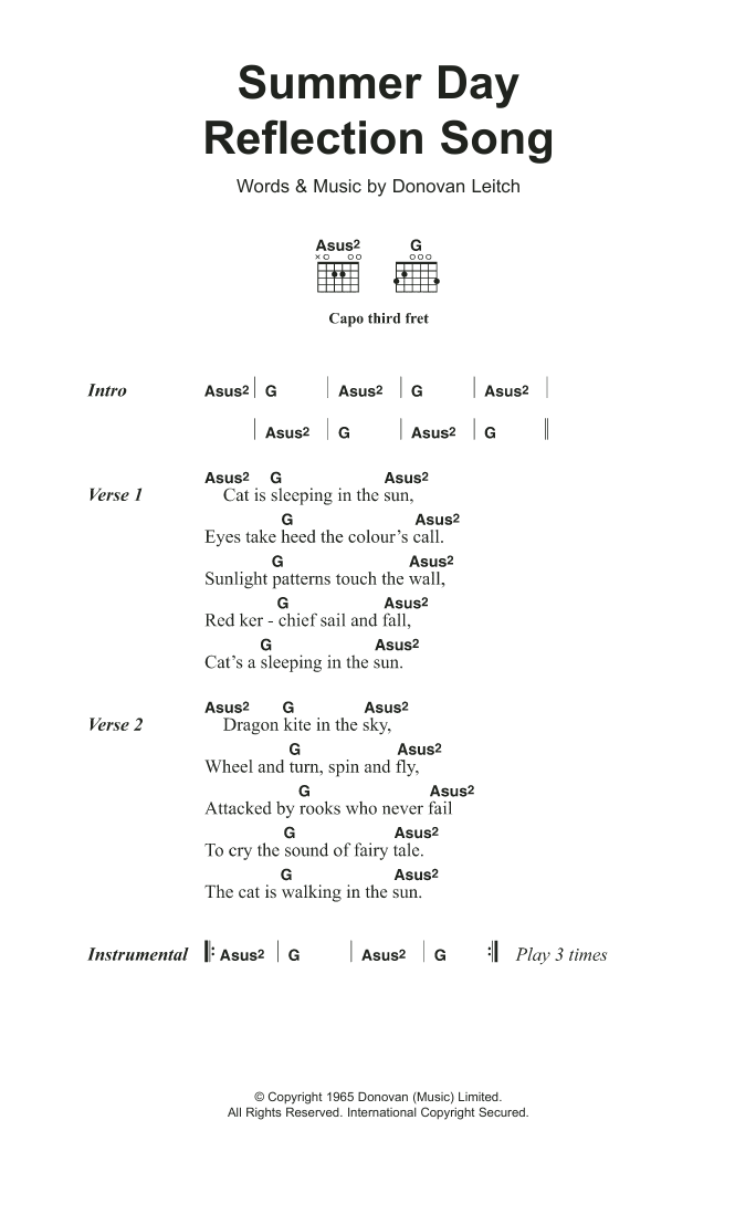 Download Donovan Summer Day Reflection Song Sheet Music and learn how to play Lyrics & Chords PDF digital score in minutes