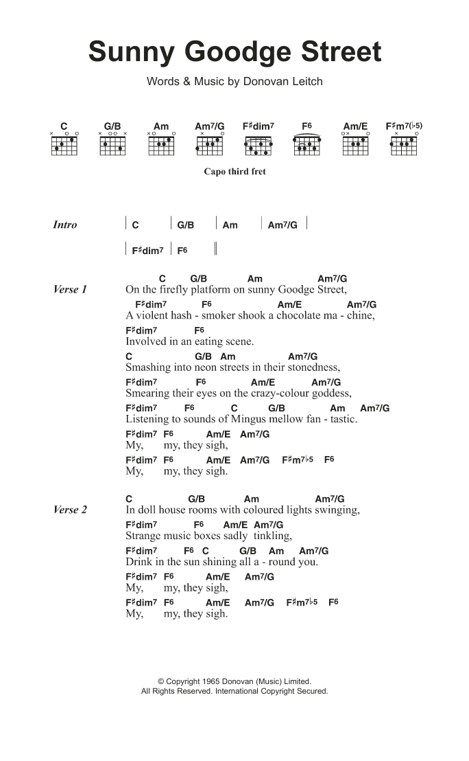 Download Donovan Sunny Goodge Street Sheet Music and learn how to play Lyrics & Chords PDF digital score in minutes
