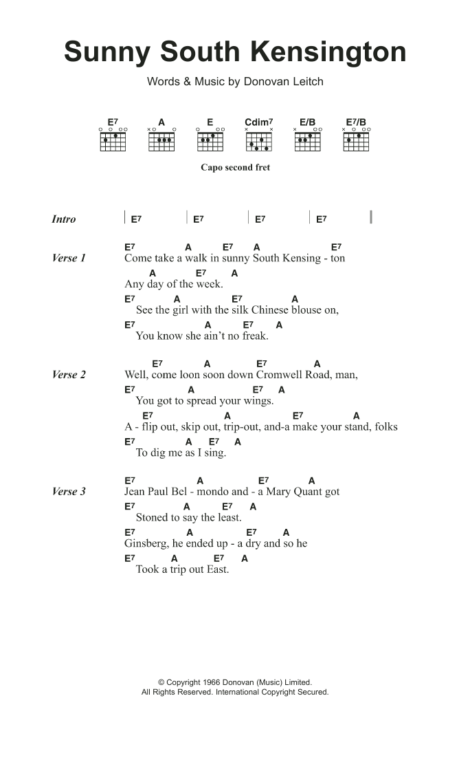 Download Donovan Sunny South Kensington Sheet Music and learn how to play Lyrics & Chords PDF digital score in minutes