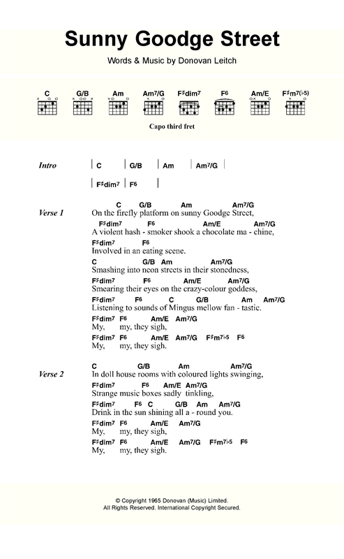 Download Donovan Sunny Goodge Street Sheet Music and learn how to play Lyrics & Chords PDF digital score in minutes