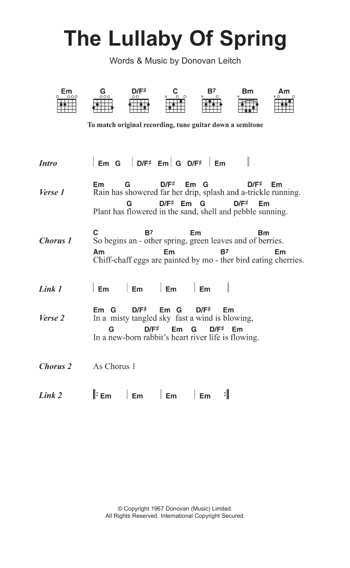 Download Donovan The Lullaby Of Spring Sheet Music and learn how to play Lyrics & Chords PDF digital score in minutes