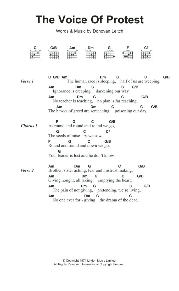 Download Donovan The Voice Of Protest Sheet Music and learn how to play Lyrics & Chords PDF digital score in minutes