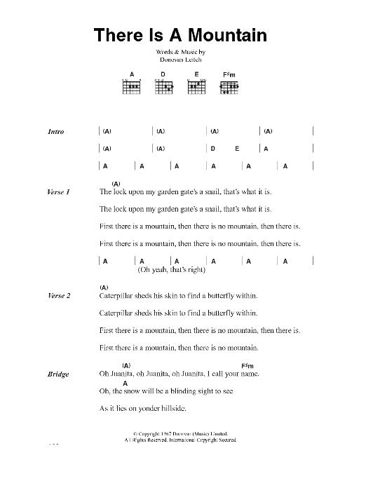 Download Donovan There Is A Mountain Sheet Music and learn how to play Lyrics & Chords PDF digital score in minutes