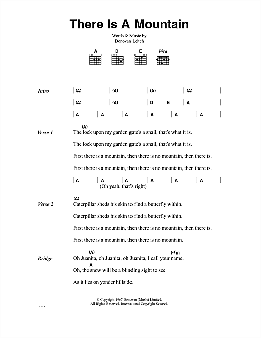 Download Donovan There Is A Mountain Sheet Music and learn how to play Lyrics & Chords PDF digital score in minutes