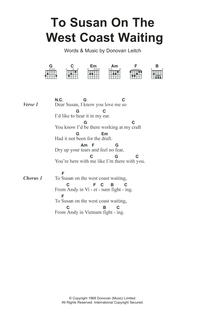 Download Donovan To Susan On The West Coast Sheet Music and learn how to play Lyrics & Chords PDF digital score in minutes