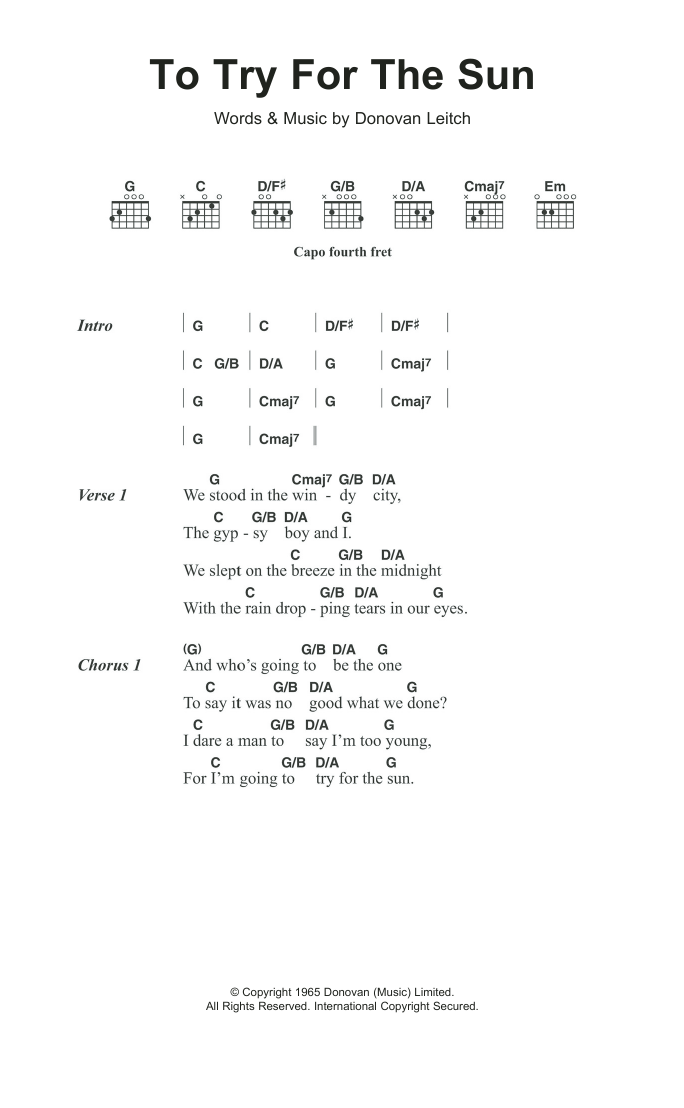 Download Donovan Try For The Sun Sheet Music and learn how to play Lyrics & Chords PDF digital score in minutes