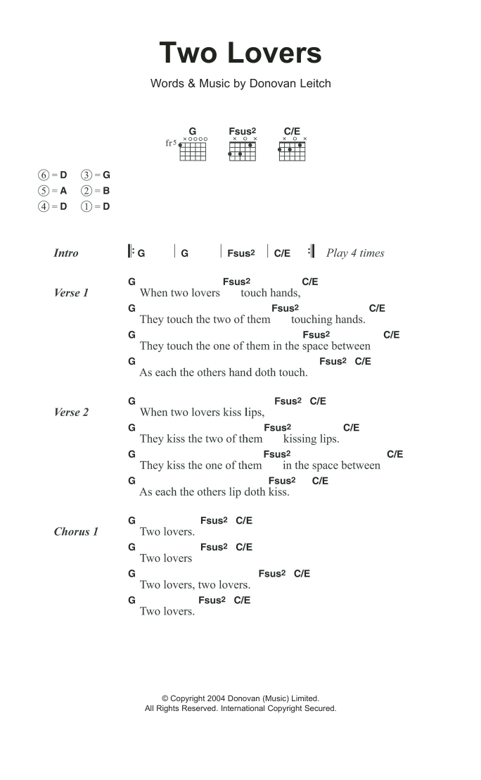Download Donovan Two Lovers Sheet Music and learn how to play Lyrics & Chords PDF digital score in minutes