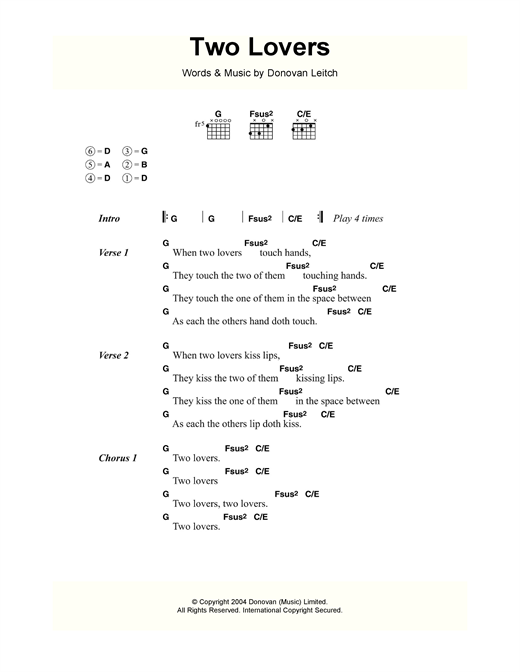 Download Donovan Two Lovers Sheet Music and learn how to play Lyrics & Chords PDF digital score in minutes