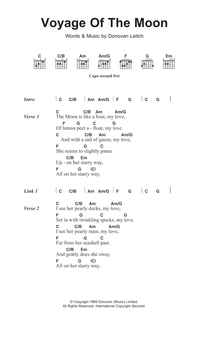 Download Donovan Voyage Of The Moon Sheet Music and learn how to play Lyrics & Chords PDF digital score in minutes