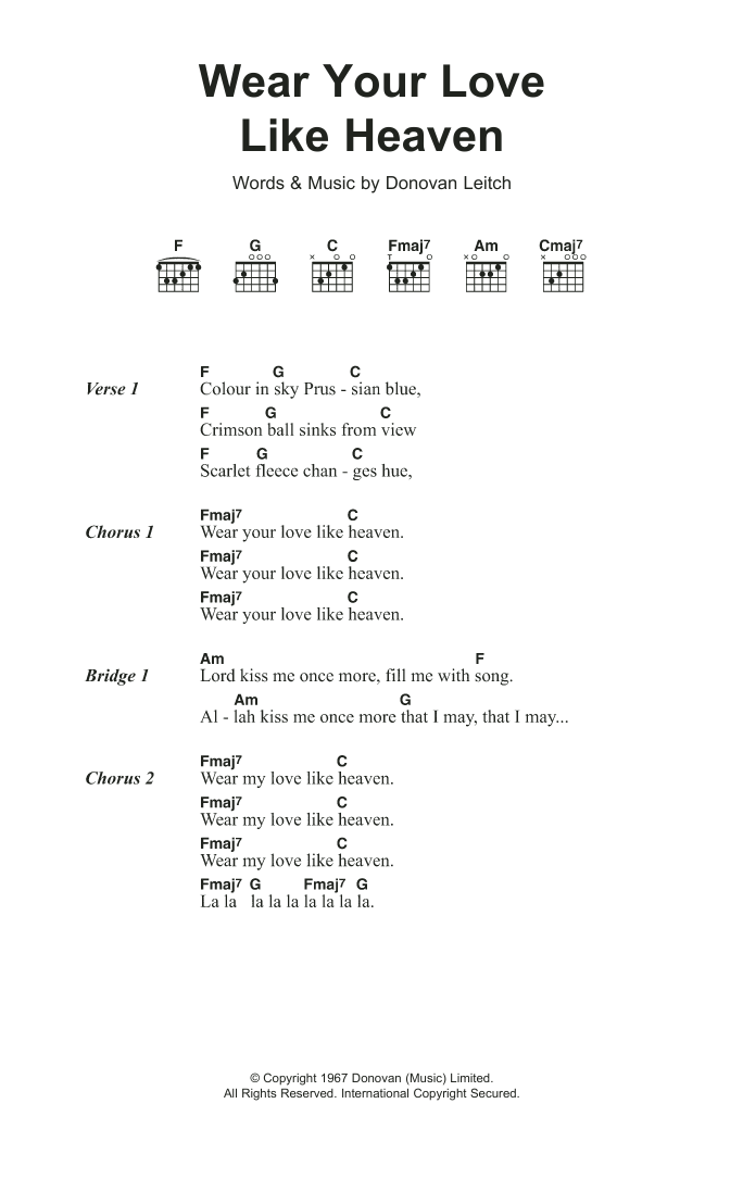 Download Donovan Wear Your Love Like Heaven Sheet Music and learn how to play Lyrics & Chords PDF digital score in minutes
