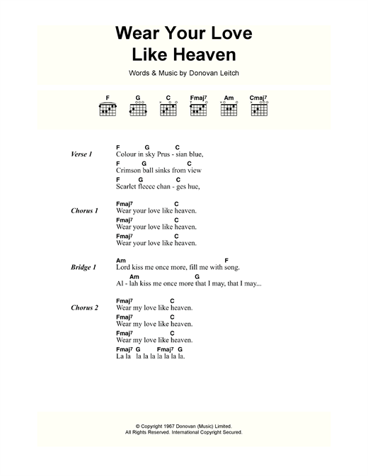 Download Donovan Wear Your Love Like Heaven Sheet Music and learn how to play Lyrics & Chords PDF digital score in minutes