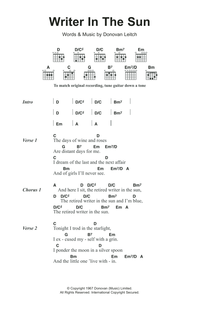 Download Donovan Writer In The Sun Sheet Music and learn how to play Lyrics & Chords PDF digital score in minutes