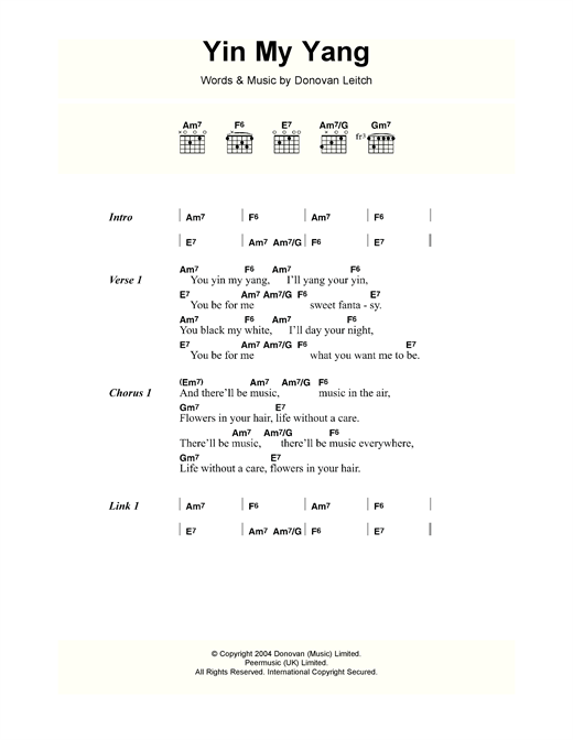 Download Donovan Yin My Yang Sheet Music and learn how to play Lyrics & Chords PDF digital score in minutes