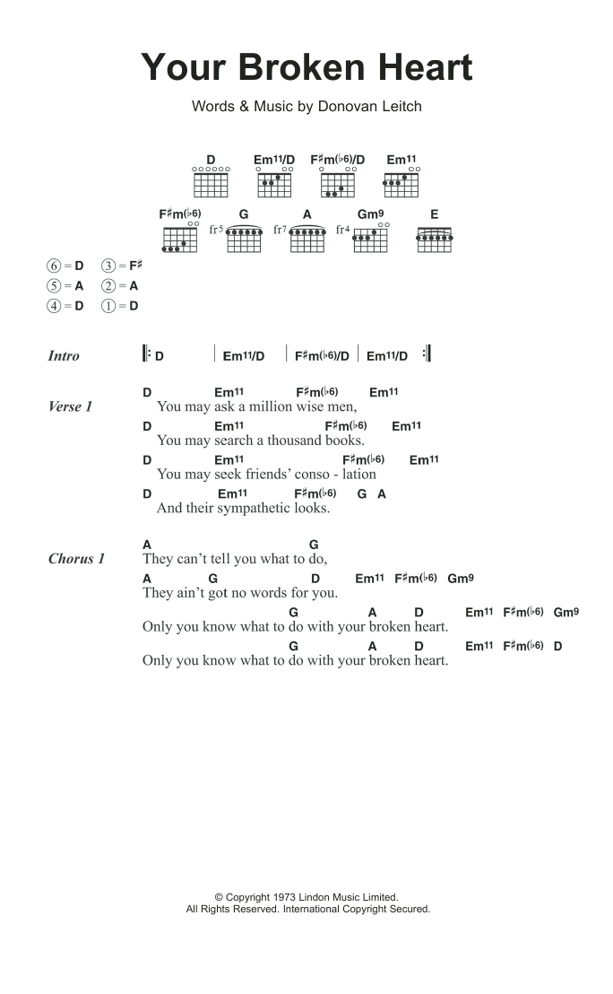 Download Donovan Your Broken Heart Sheet Music and learn how to play Lyrics & Chords PDF digital score in minutes