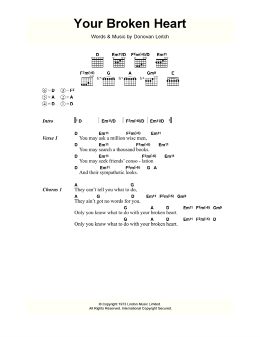 Download Donovan Your Broken Heart Sheet Music and learn how to play Lyrics & Chords PDF digital score in minutes