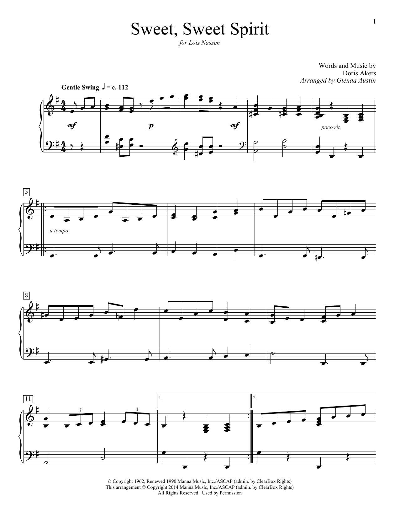 Download Doris Akers Sweet, Sweet Spirit (arr. Glenda Austin) Sheet Music and learn how to play Educational Piano PDF digital score in minutes