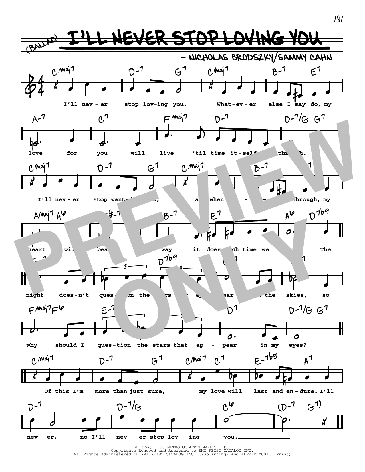 Download Doris Day I'll Never Stop Loving You (High Voice) Sheet Music and learn how to play Real Book – Melody, Lyrics & Chords PDF digital score in minutes