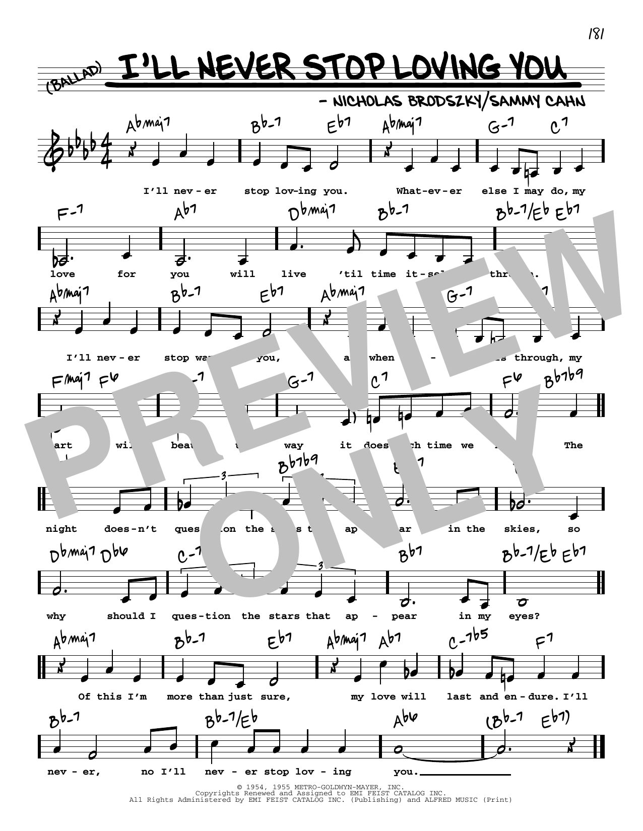 Download Doris Day I'll Never Stop Loving You (Low Voice) Sheet Music and learn how to play Real Book – Melody, Lyrics & Chords PDF digital score in minutes