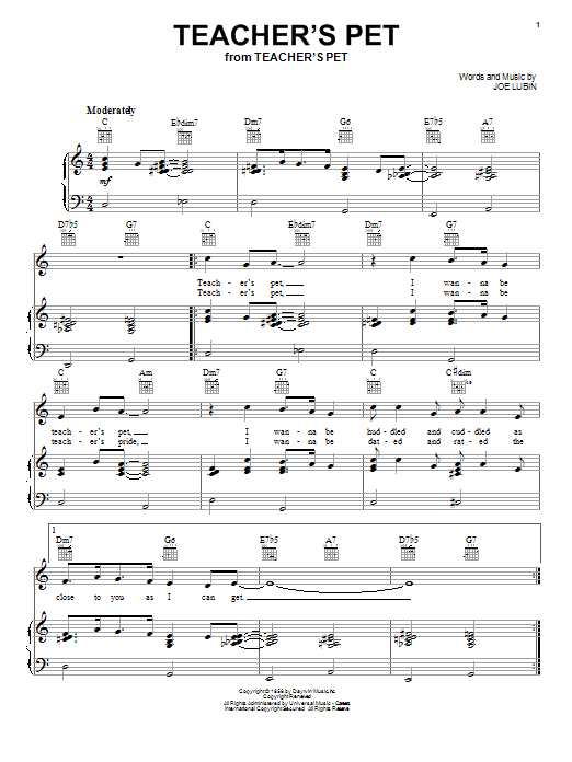 Download Doris Day Teacher's Pet Sheet Music and learn how to play Piano, Vocal & Guitar (Right-Hand Melody) PDF digital score in minutes