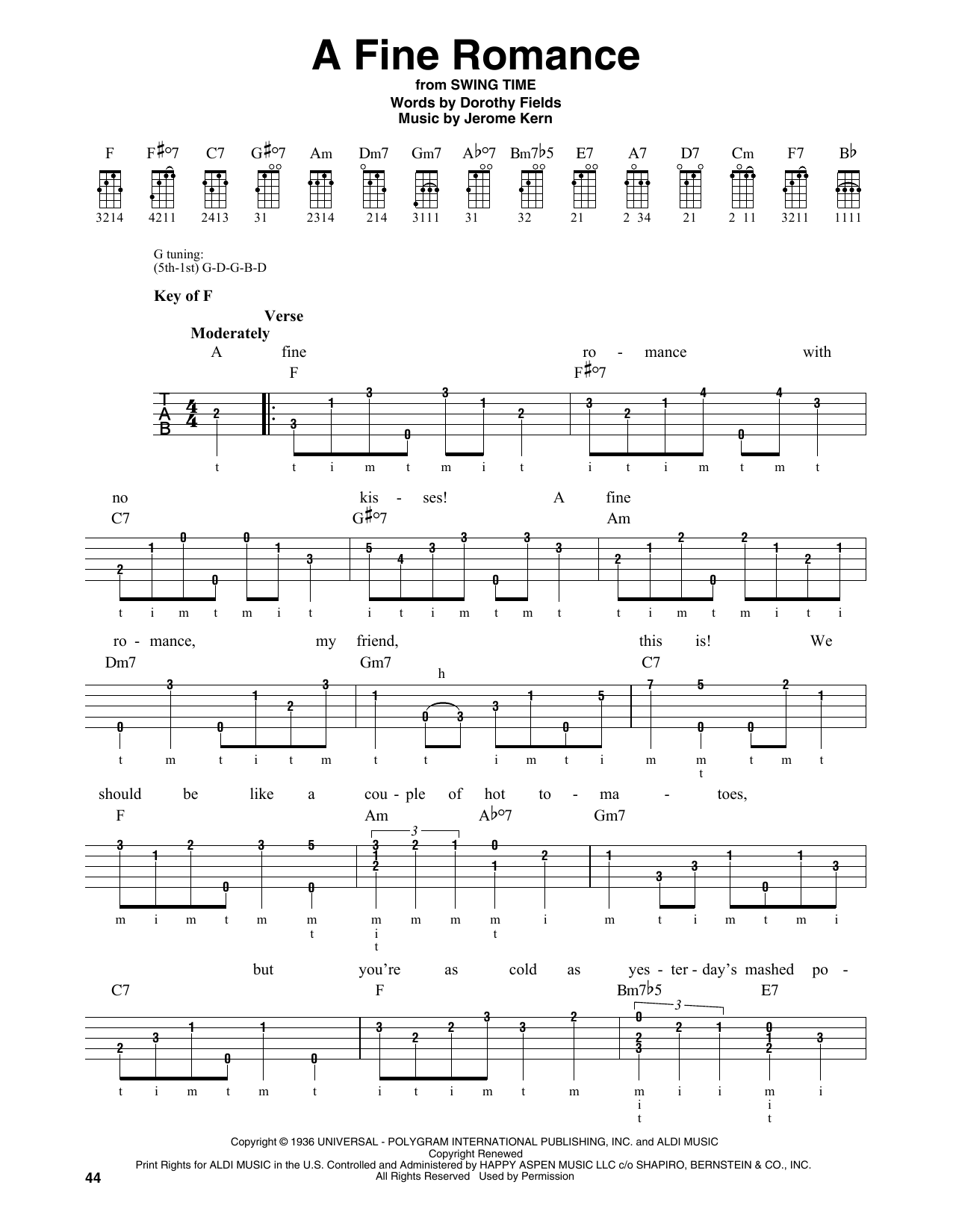 Download Dorothy Fields A Fine Romance Sheet Music and learn how to play Banjo PDF digital score in minutes