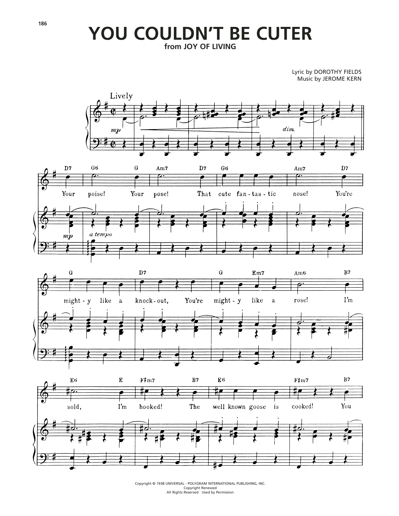 Download Dorothy Fields and Jerome Kern You Couldn't Be Cuter (from Joy Of Living) Sheet Music and learn how to play Piano, Vocal & Guitar Chords (Right-Hand Melody) PDF digital score in minutes