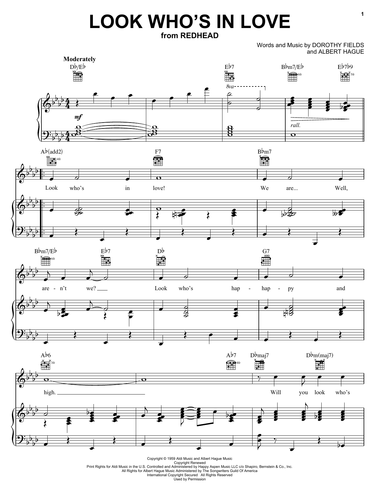 Download Dorothy Fields Look Who's In Love Sheet Music and learn how to play Piano, Vocal & Guitar (Right-Hand Melody) PDF digital score in minutes