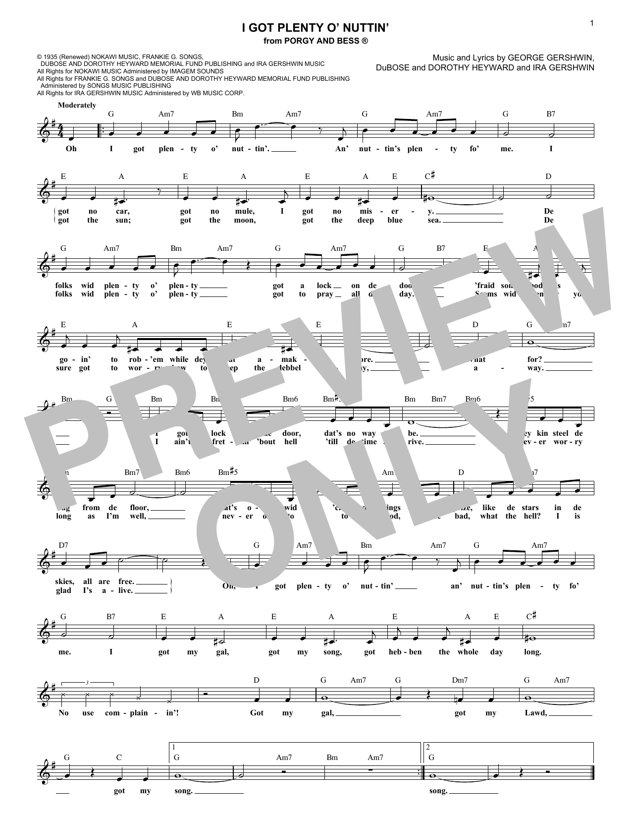 Download Dorothy Heyward I Got Plenty O' Nuttin' Sheet Music and learn how to play Melody Line, Lyrics & Chords PDF digital score in minutes
