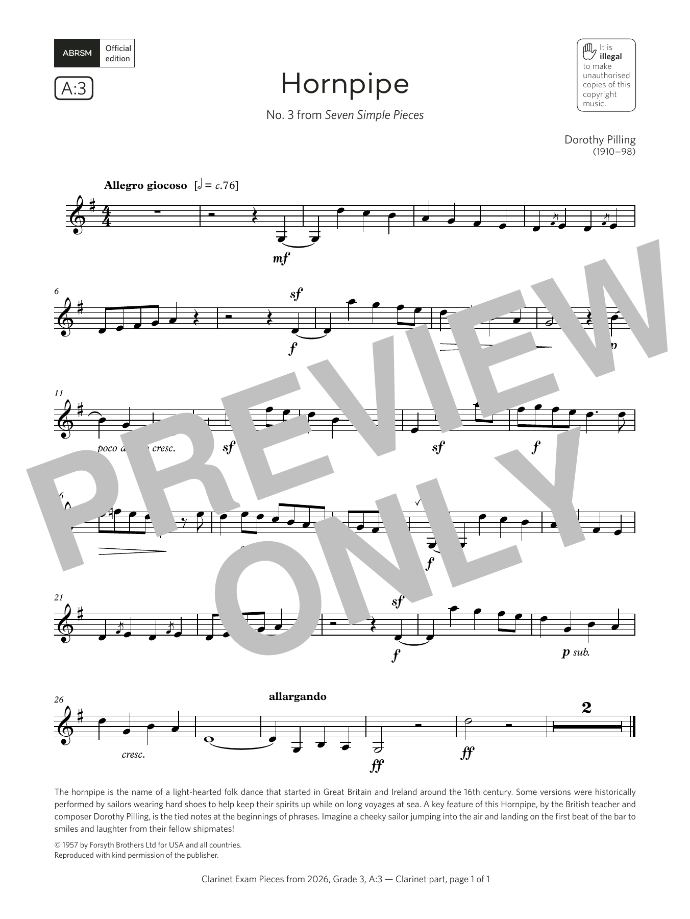 Download Dorothy Pilling Hornpipe (Grade 3, list A3, from the ABRSM Clarinet Syllabus from 2026) Sheet Music and learn how to play Clarinet Solo PDF digital score in minutes