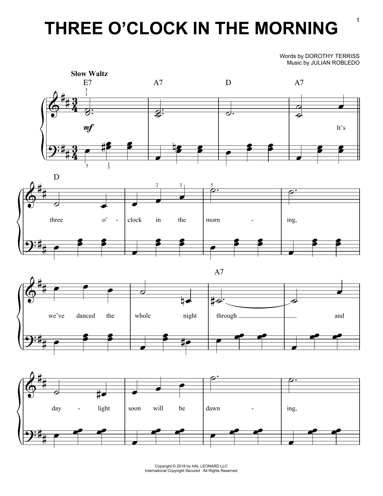 Download Dorothy Terriss Three O'Clock In The Morning Sheet Music and learn how to play Easy Piano PDF digital score in minutes