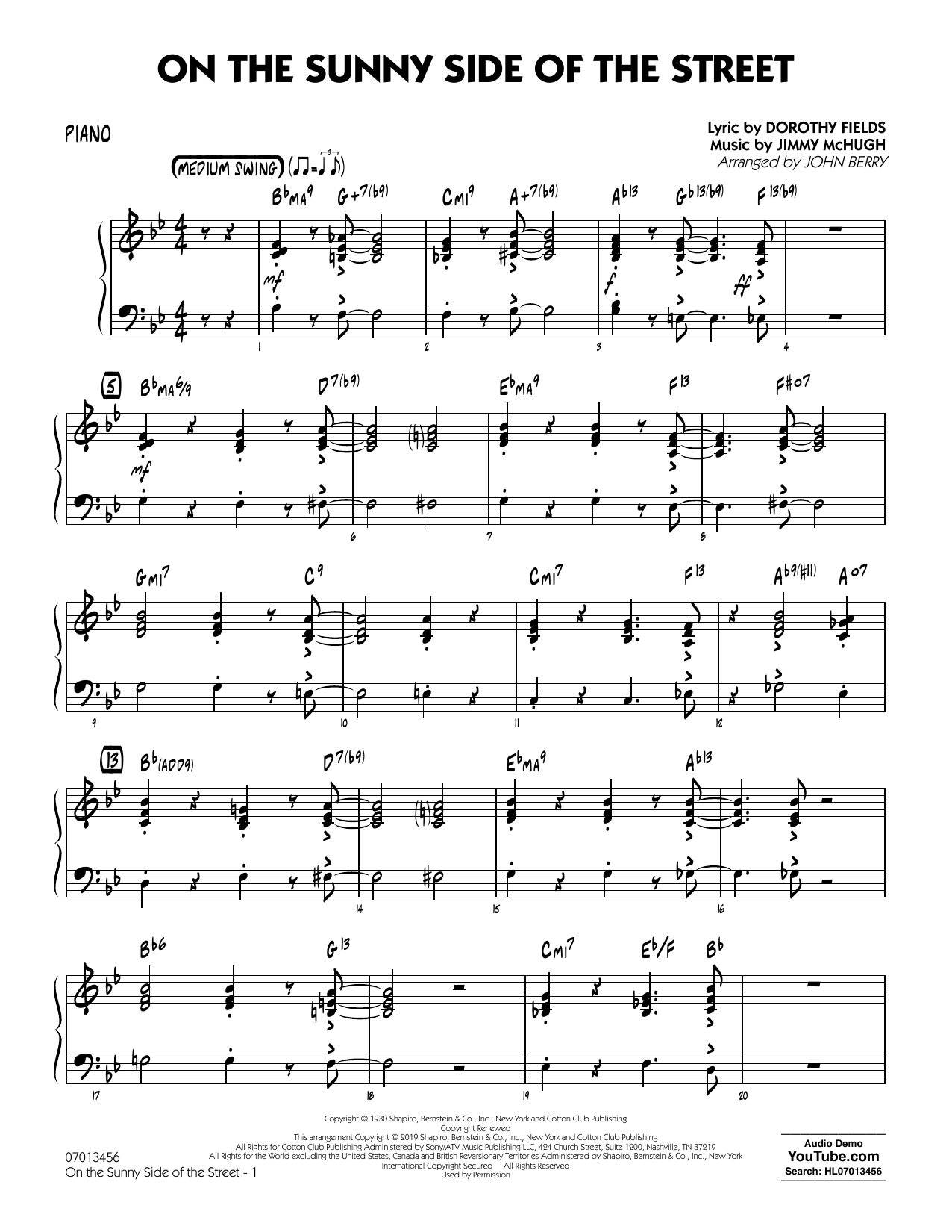 Dorothy Fields On The Sunny Side Of The Street Arr John Berry Piano Sheet Music Notes Download Printable Pdf Score 4248