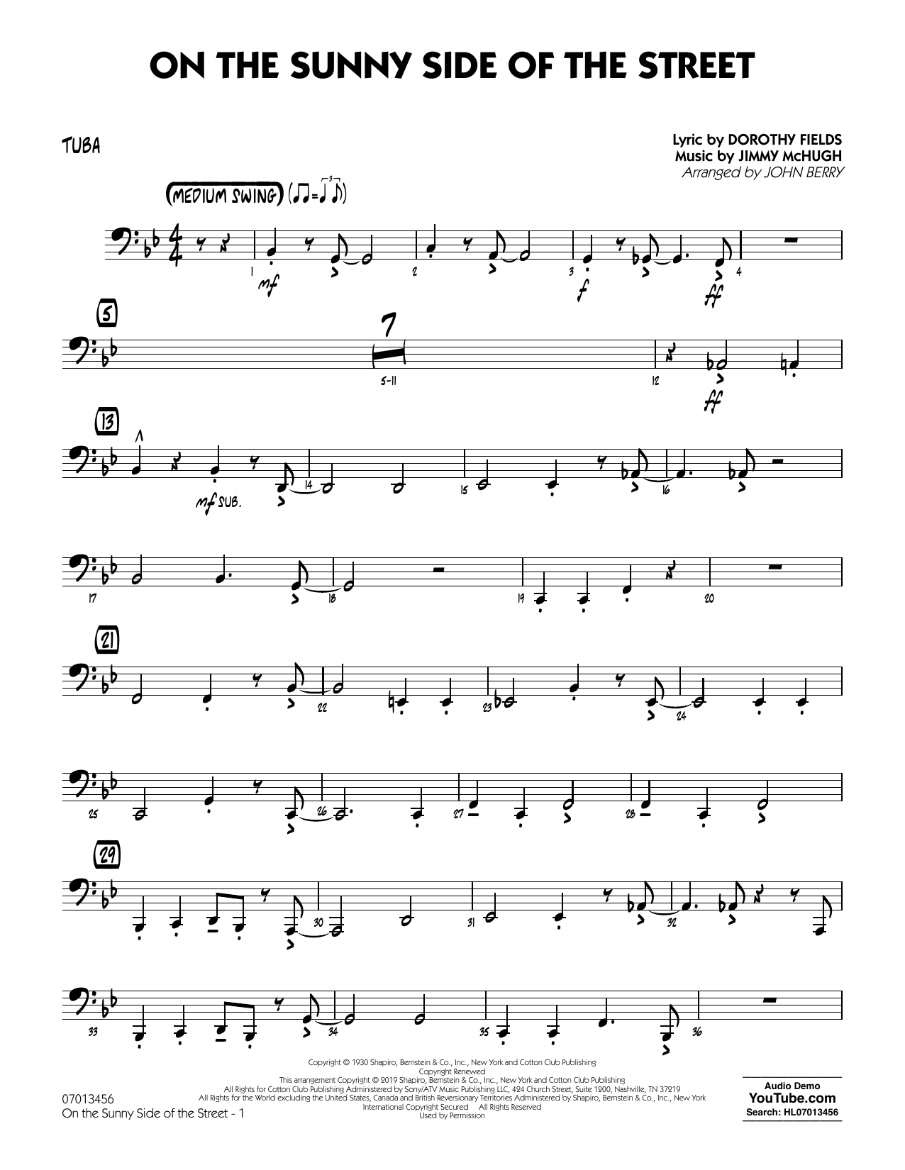 Dorothy Fields On The Sunny Side Of The Street Arr John Berry Tuba Sheet Music Notes Download Printable Pdf Score 4256